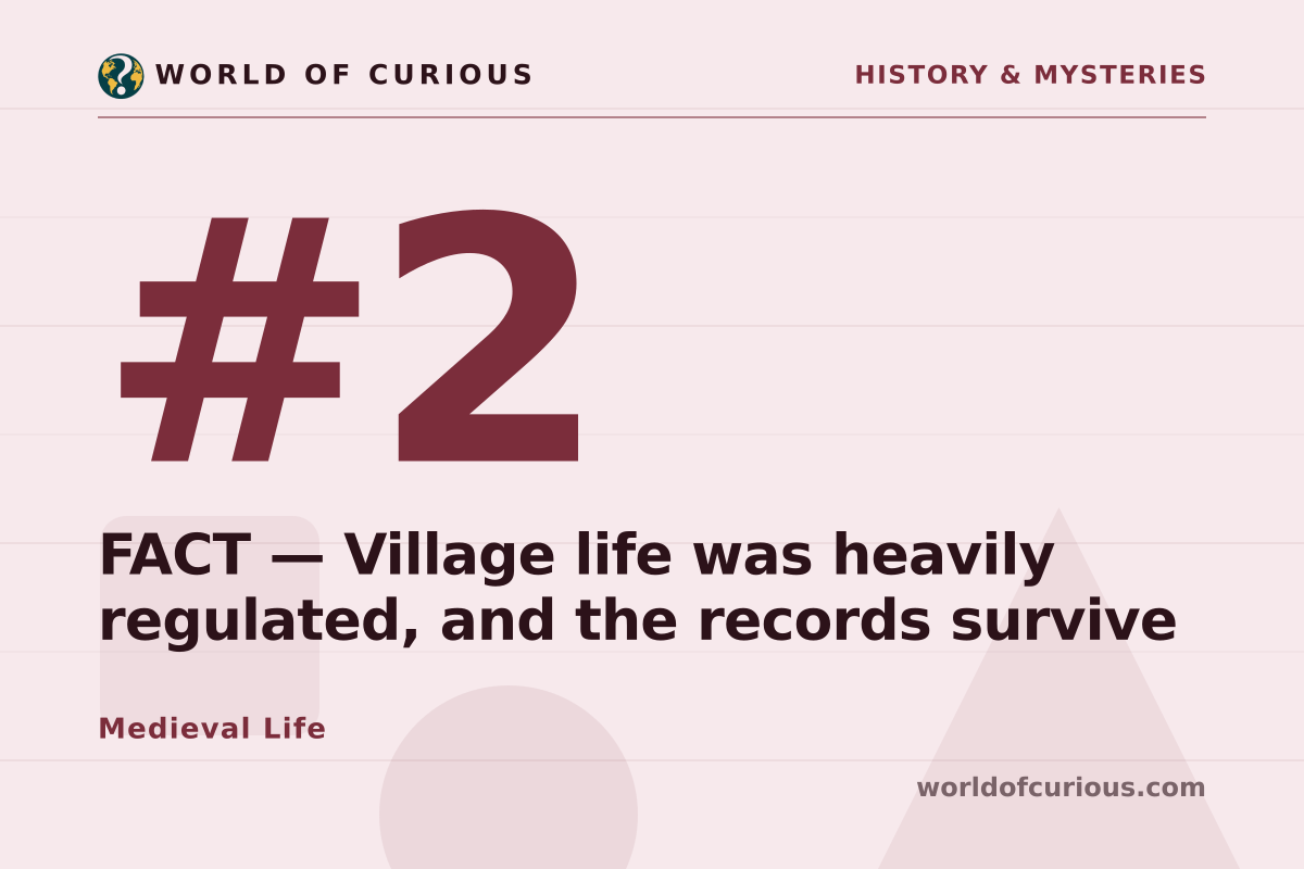 Card artwork for entry number 2: FACT — Village life was heavily regulated, and the records survive.
