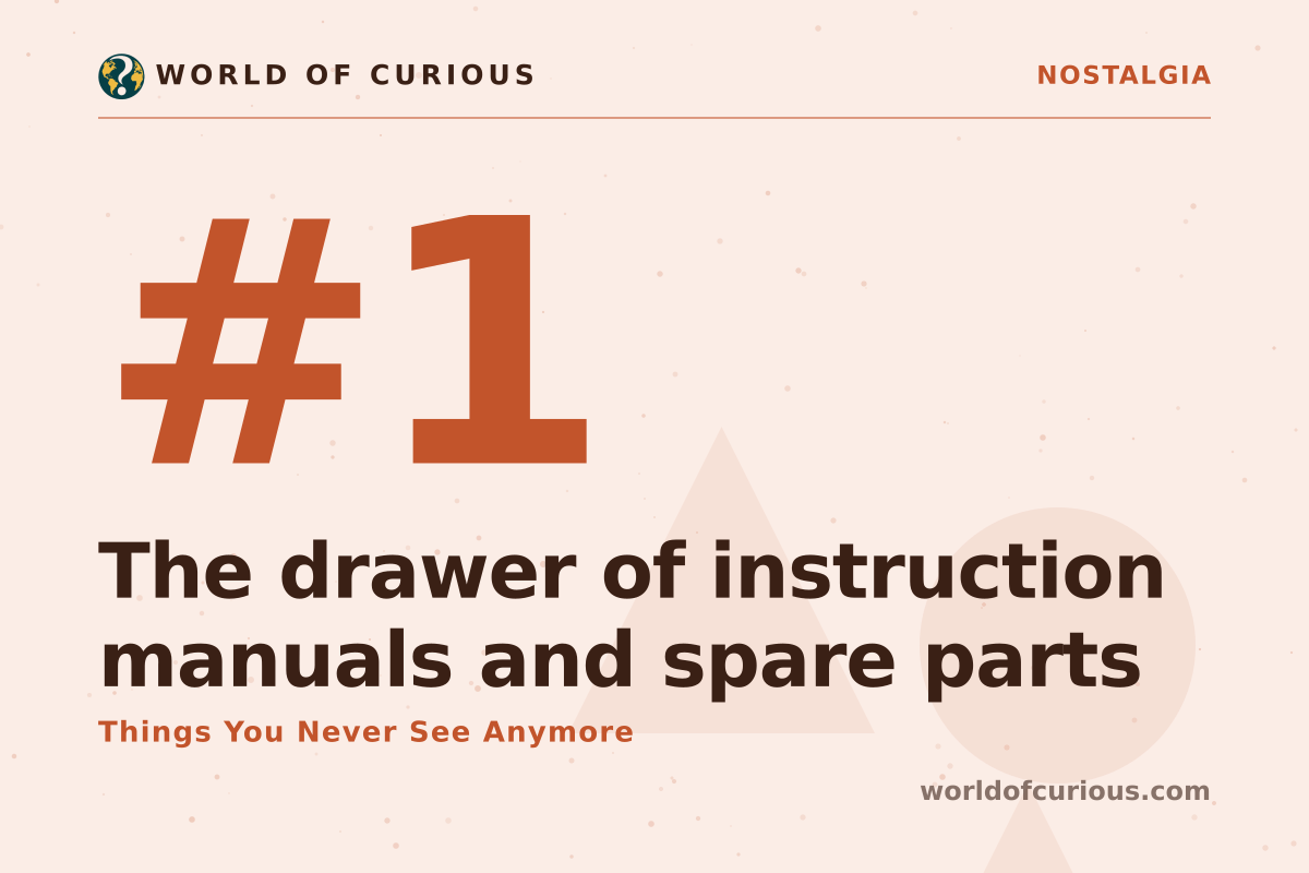 Card artwork for entry number 1: The drawer of instruction manuals and spare parts.