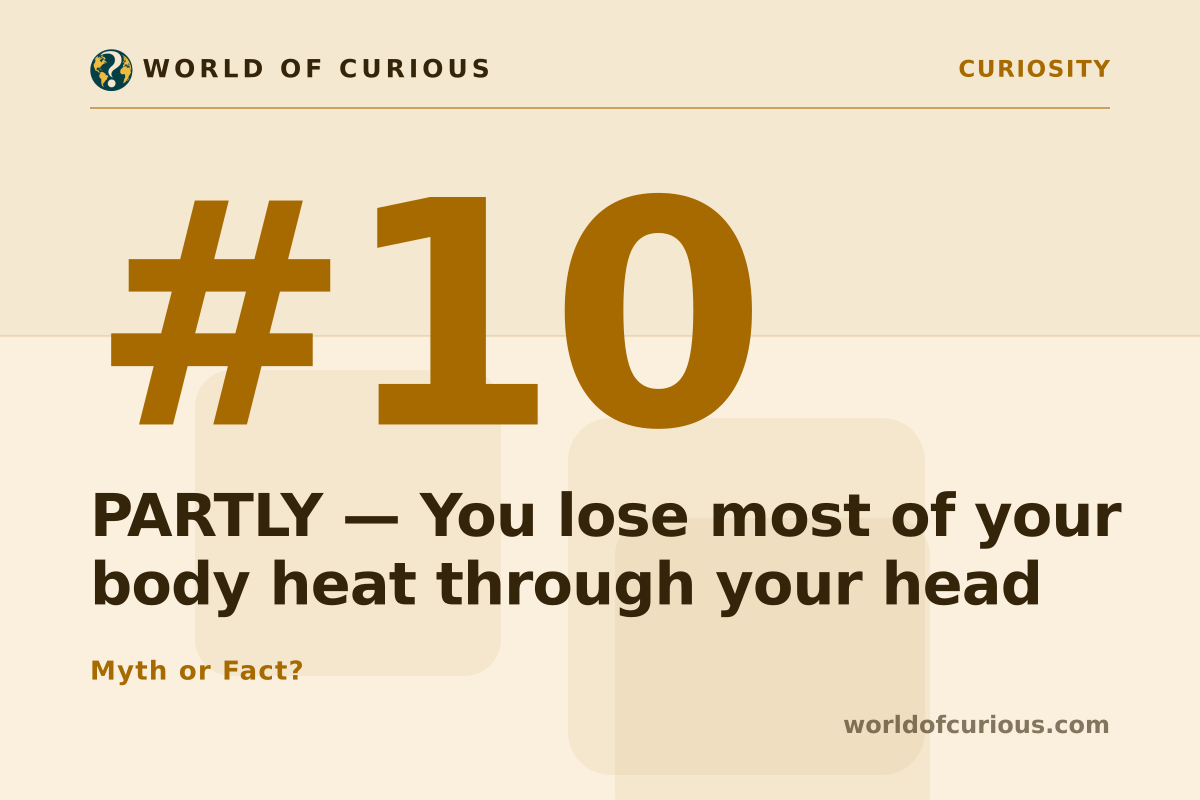 Card artwork for entry number 10: PARTLY — You lose most of your body heat through your head.