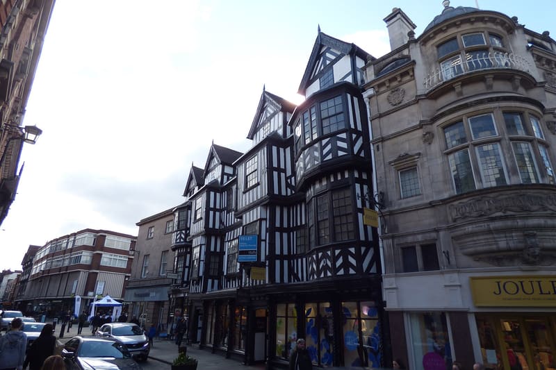 Jettied timber framed building overhang