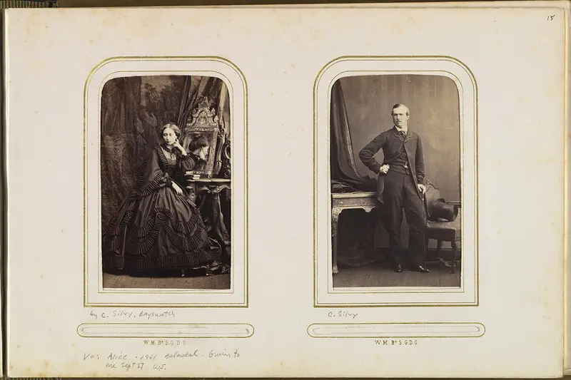 A branded card in heritage burgundy introducing a practical guide to dating old photographs.