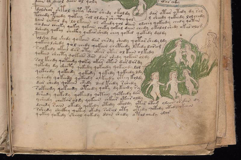 A branded card in heritage burgundy introducing an article about a medieval manuscript written in an undeciphered script.